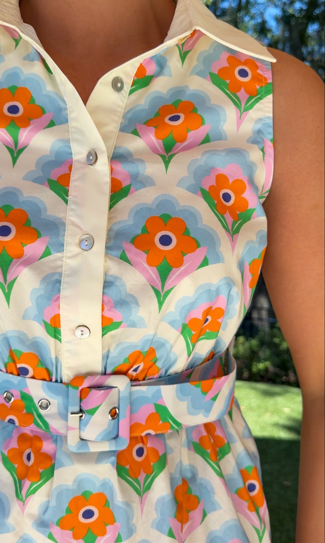 women's retro floral mini dress collared sleeveless and removable belt