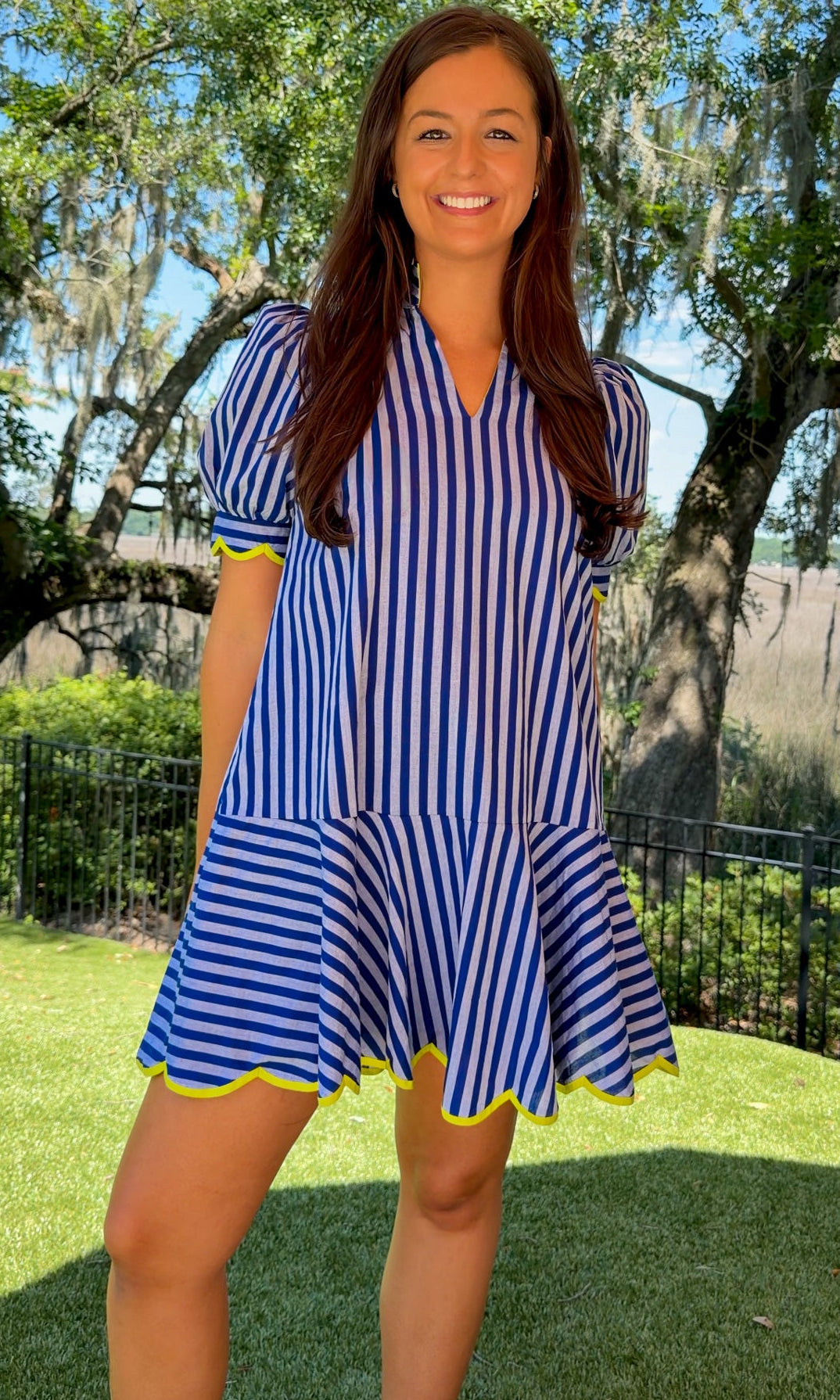 blue striped mini collared dress with puff sleeves and lime scallop trim