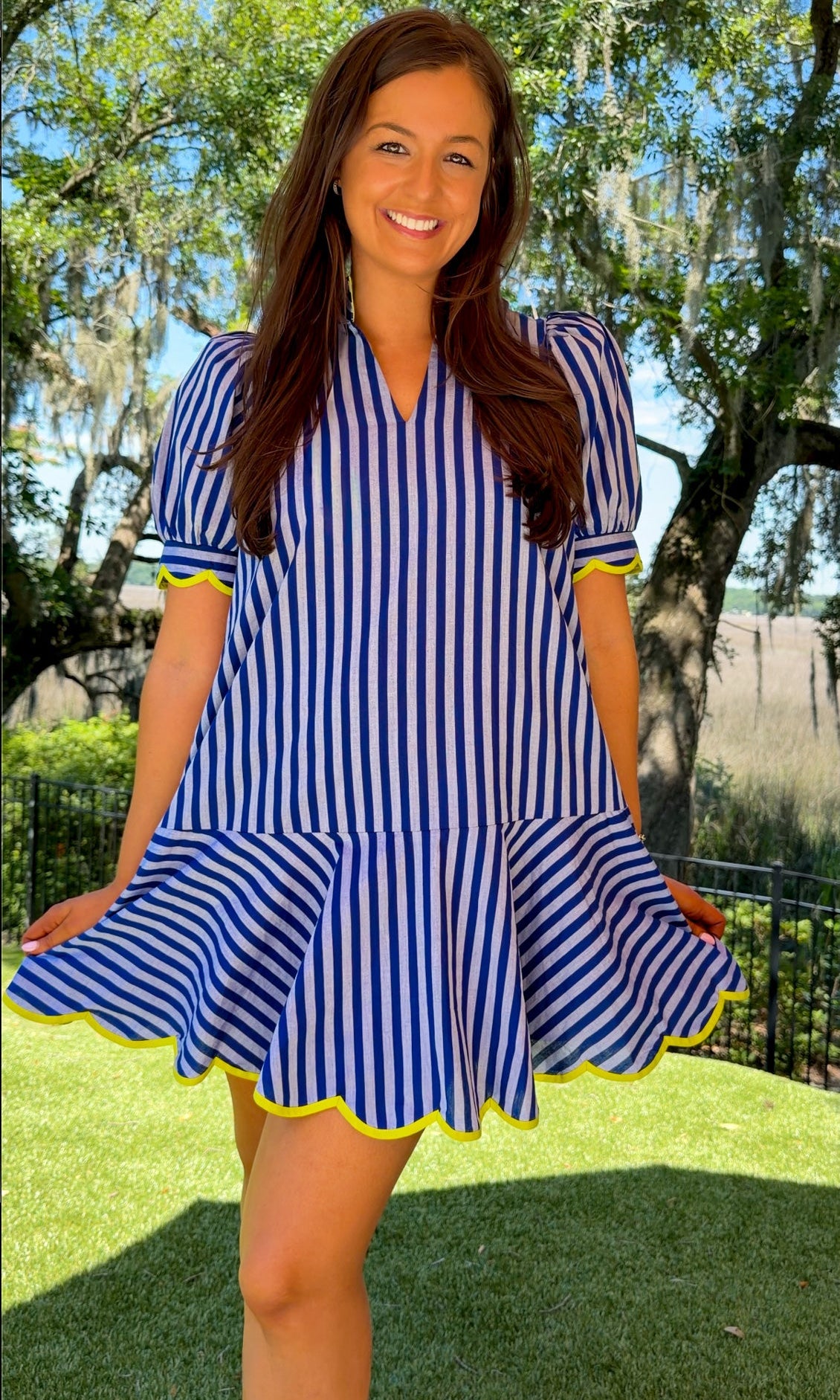 blue striped mini collared dress with puff sleeves and lime scallop trim