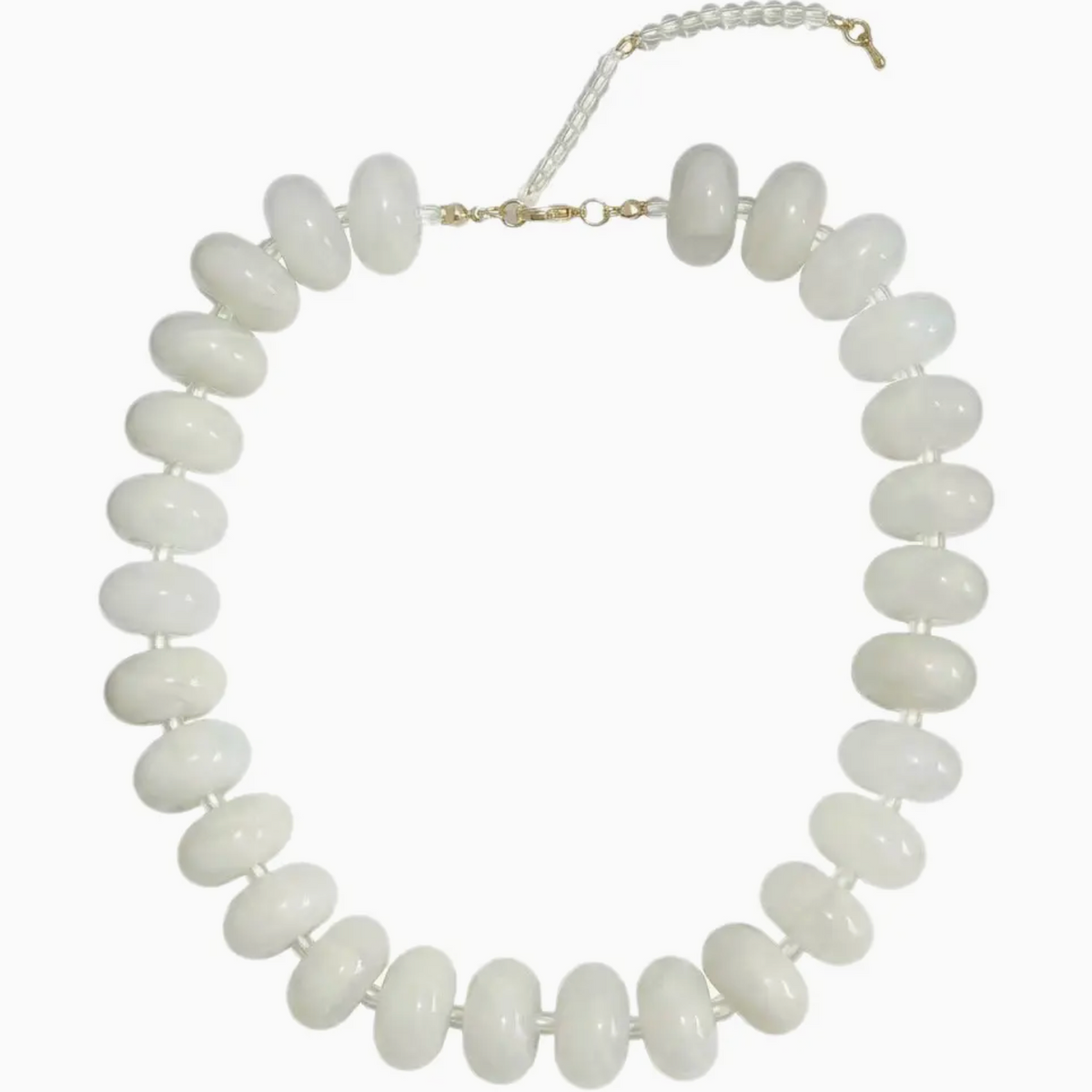 A white beaded necklace with smooth, rounded disc-shaped beads and a gold-tone clasp, shown on a plain white background.