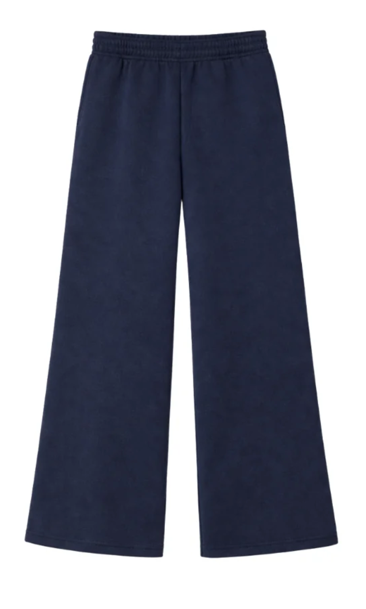 A pair of navy blue wide-leg sweatpants with an elastic waistband, shown flat against a plain white background.