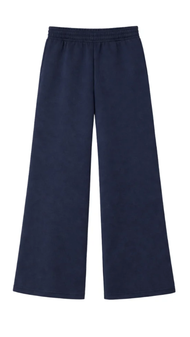 A pair of navy blue wide-leg sweatpants with an elastic waistband, shown flat against a plain white background.