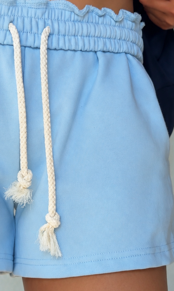 light blue sweatshorts with stretch elastic and drawstring