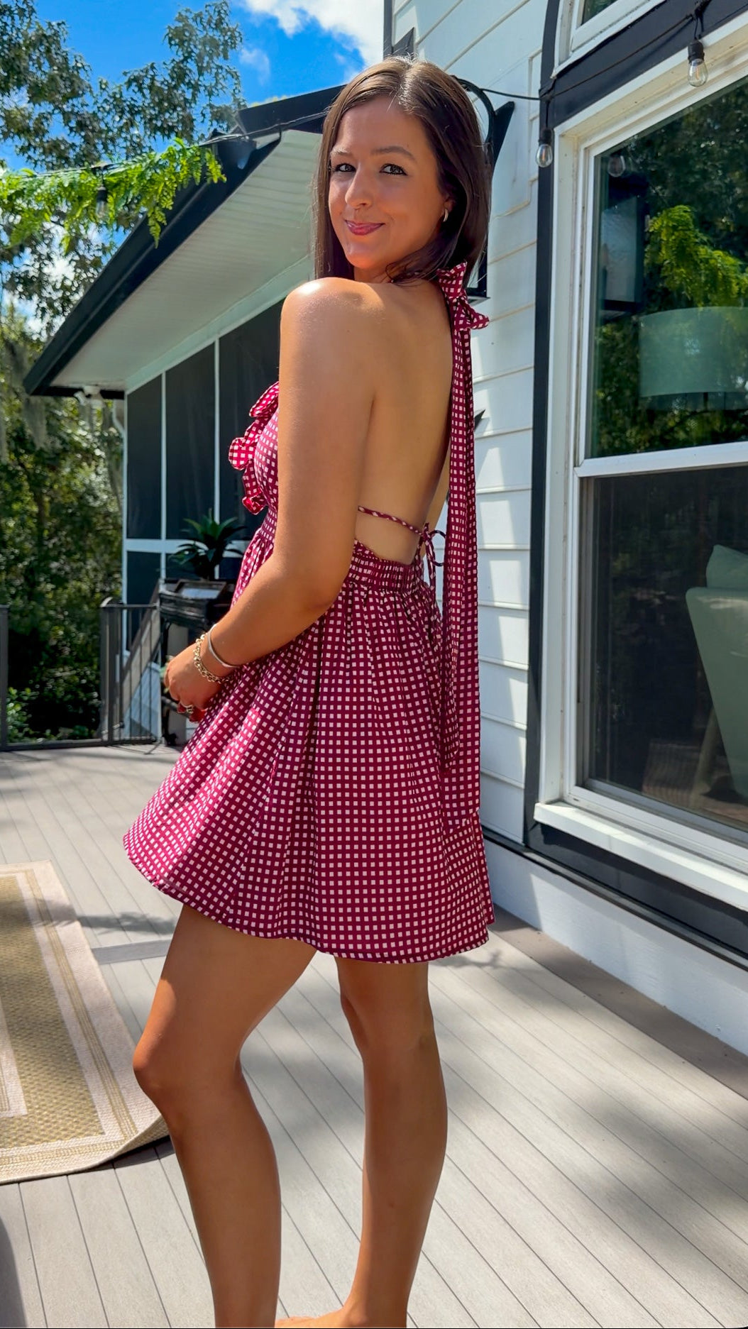 burgundy gingham halter neck mini dress with ruffle detail stretch elastic open back dress