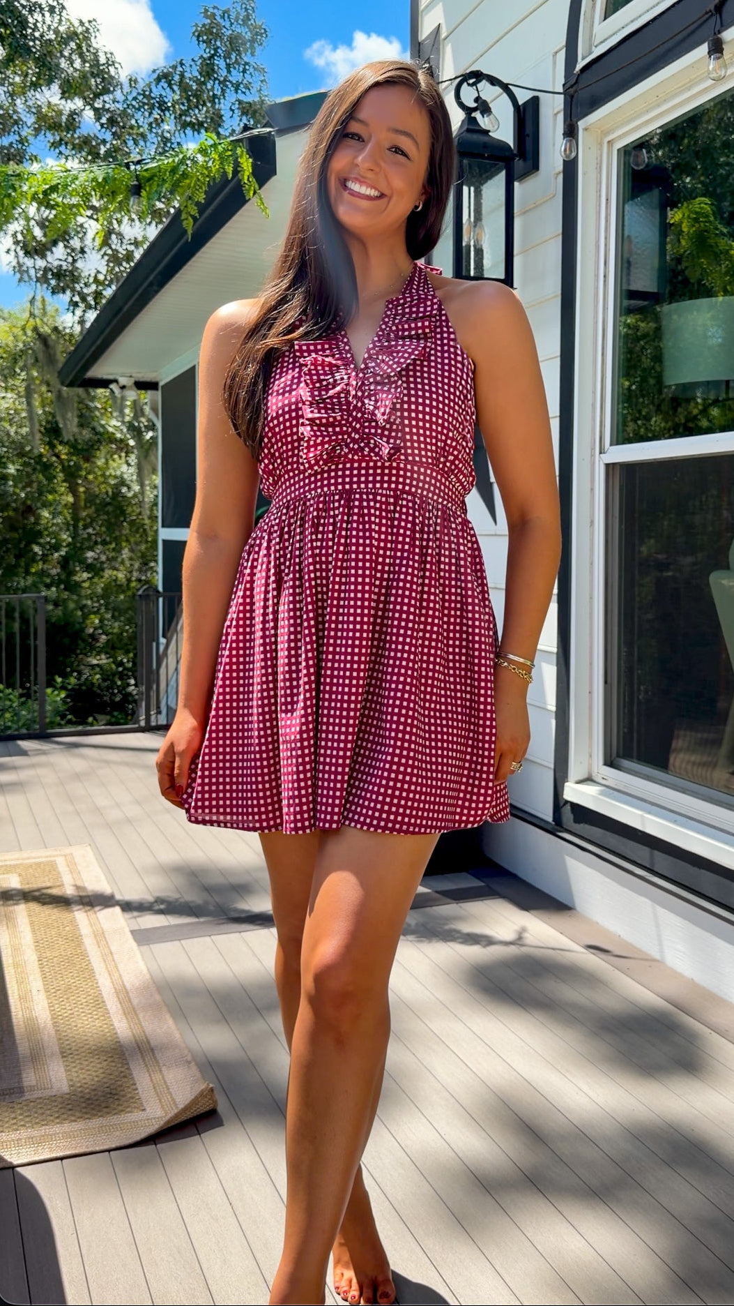 burgundy gingham halter neck mini dress with ruffle detail stretch elastic open back dress