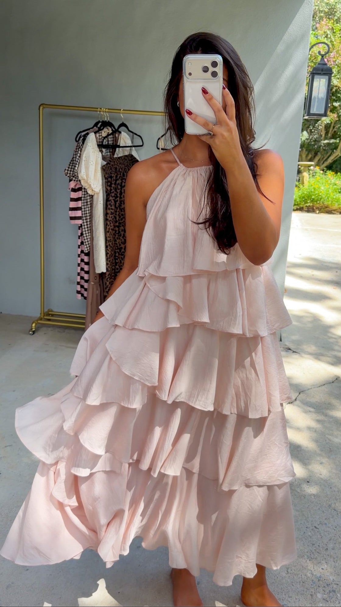 Light Pink Ruffle Tiered Halter Midi Dress