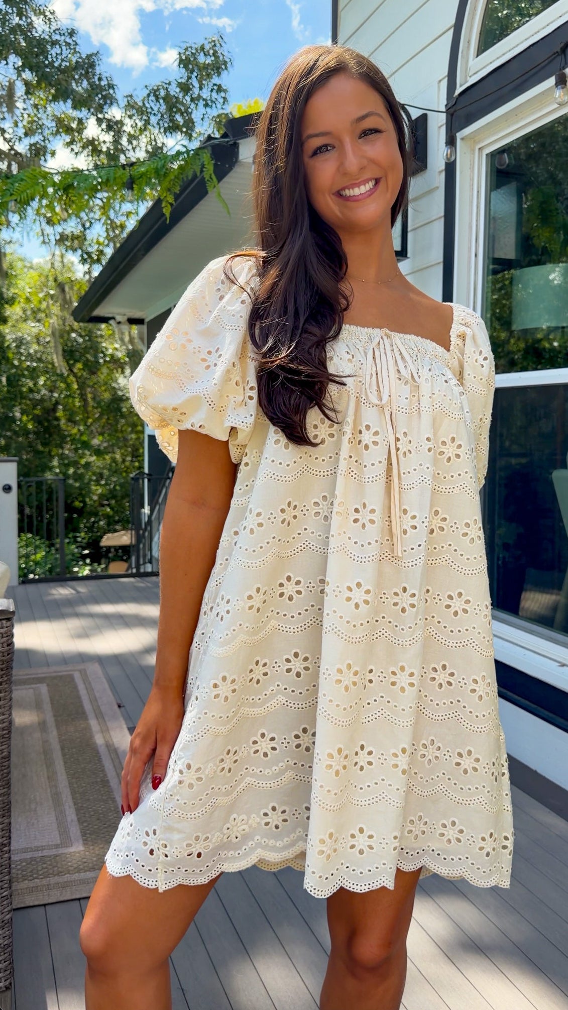 Cream Eyelet Mini Dress with Puff Sleeves