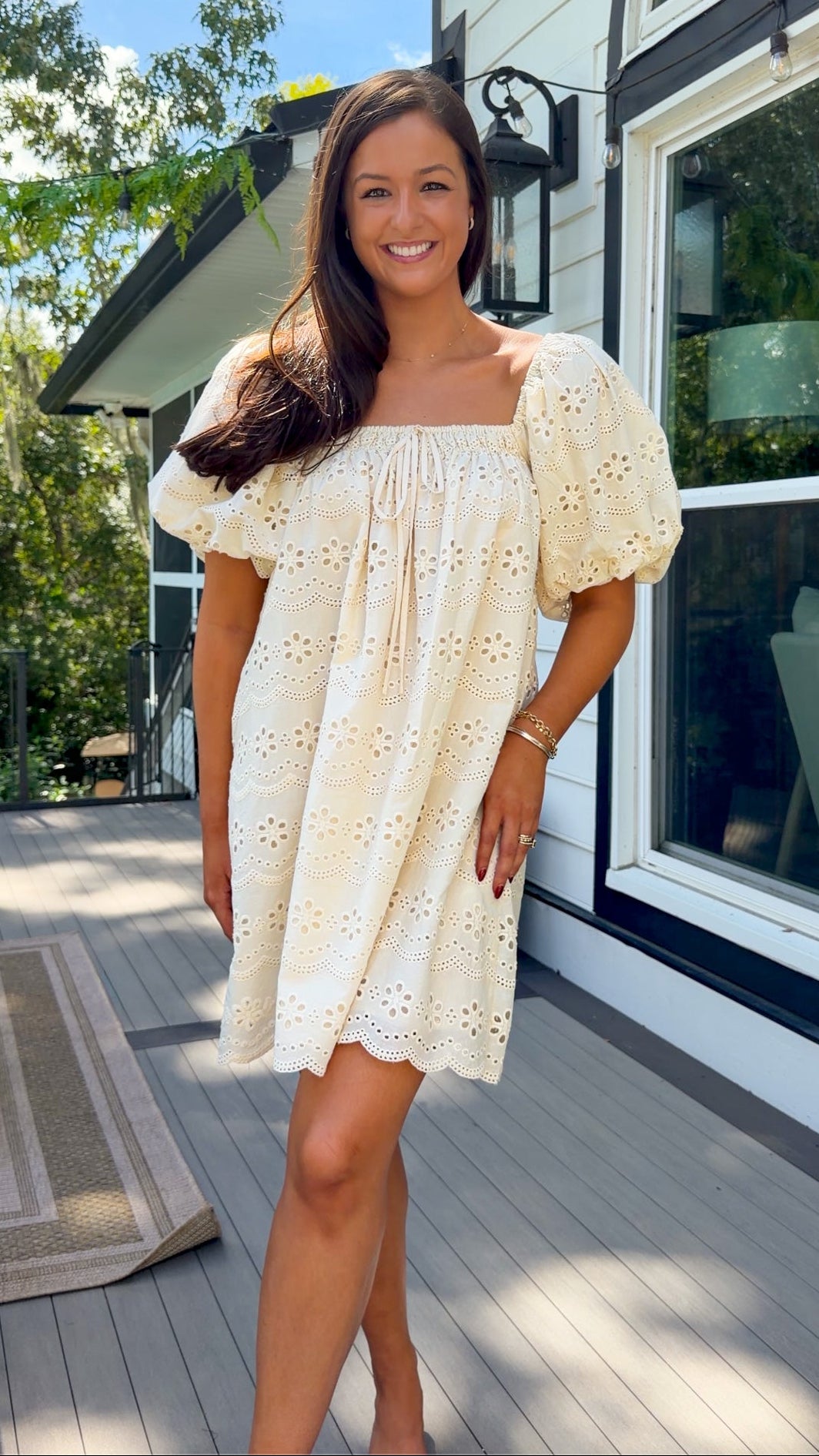Cream Eyelet Mini Dress with Puff Sleeves
