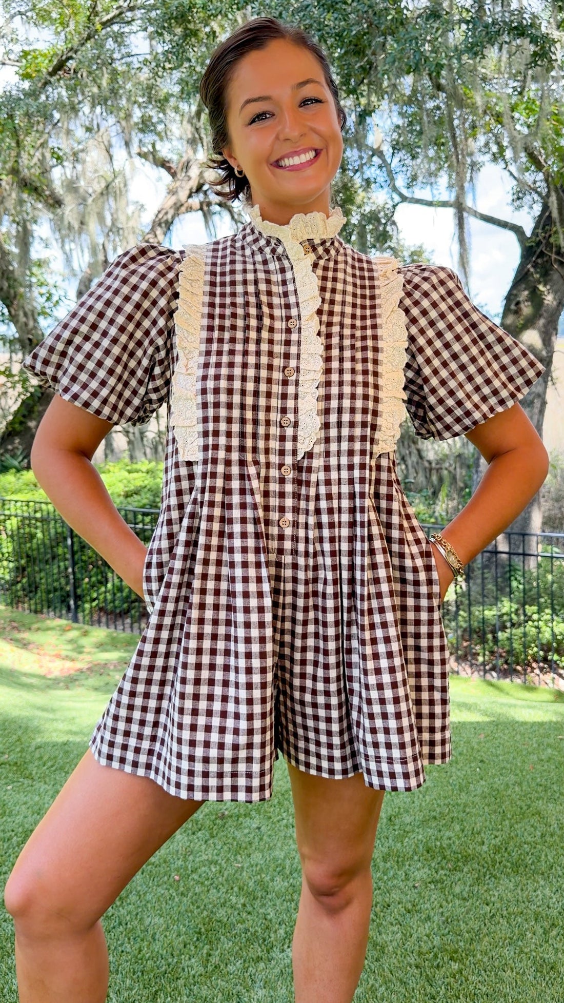 Chandler Gingham Romper - Brown