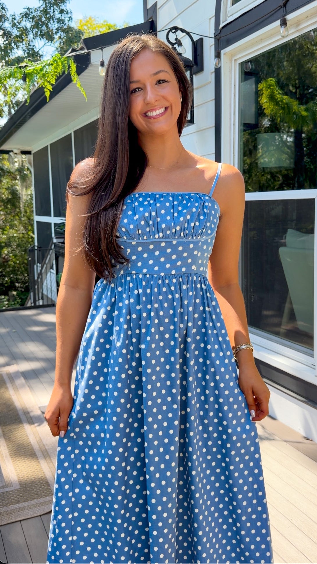 Polka Dot Ruched Bust Smocked Midi Dress