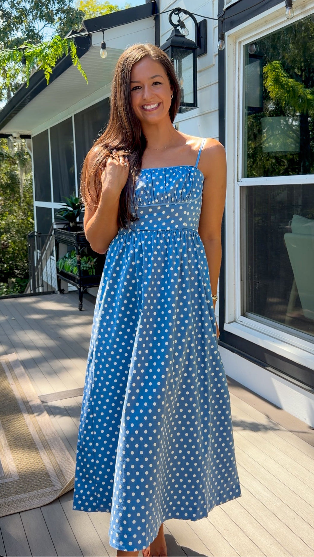 Polka Dot Ruched Bust Smocked Midi Dress
