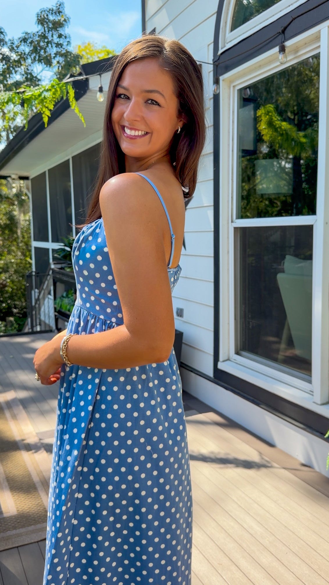 Polka Dot Ruched Bust Smocked Midi Dress