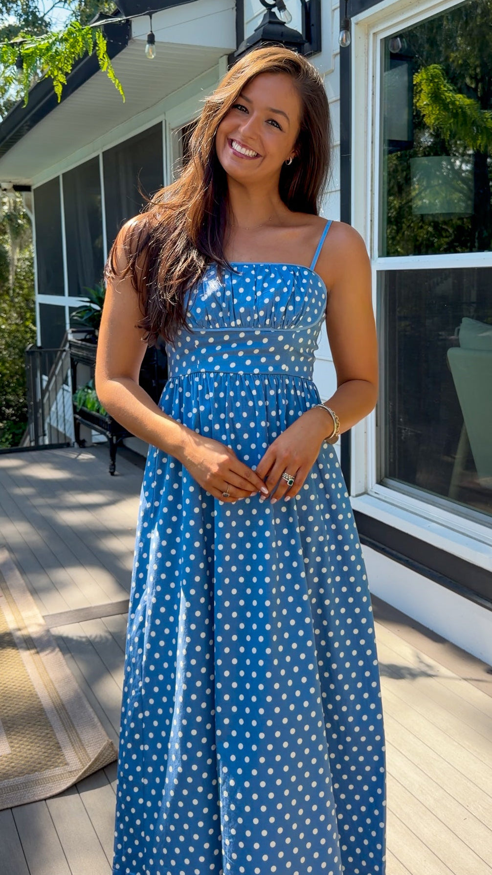 Polka Dot Ruched Bust Smocked Midi Dress