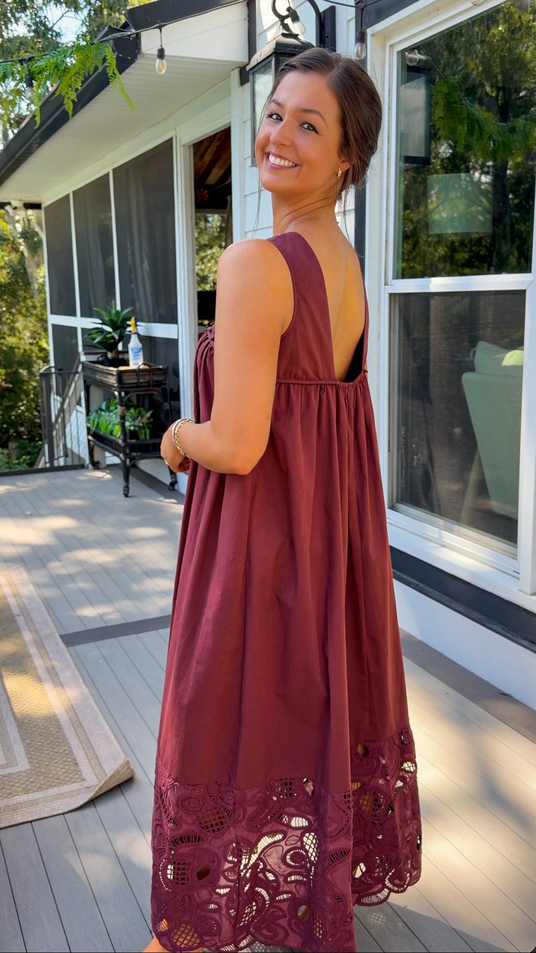 Burgundy Lace Yoke Sleeveless Maxi Dress