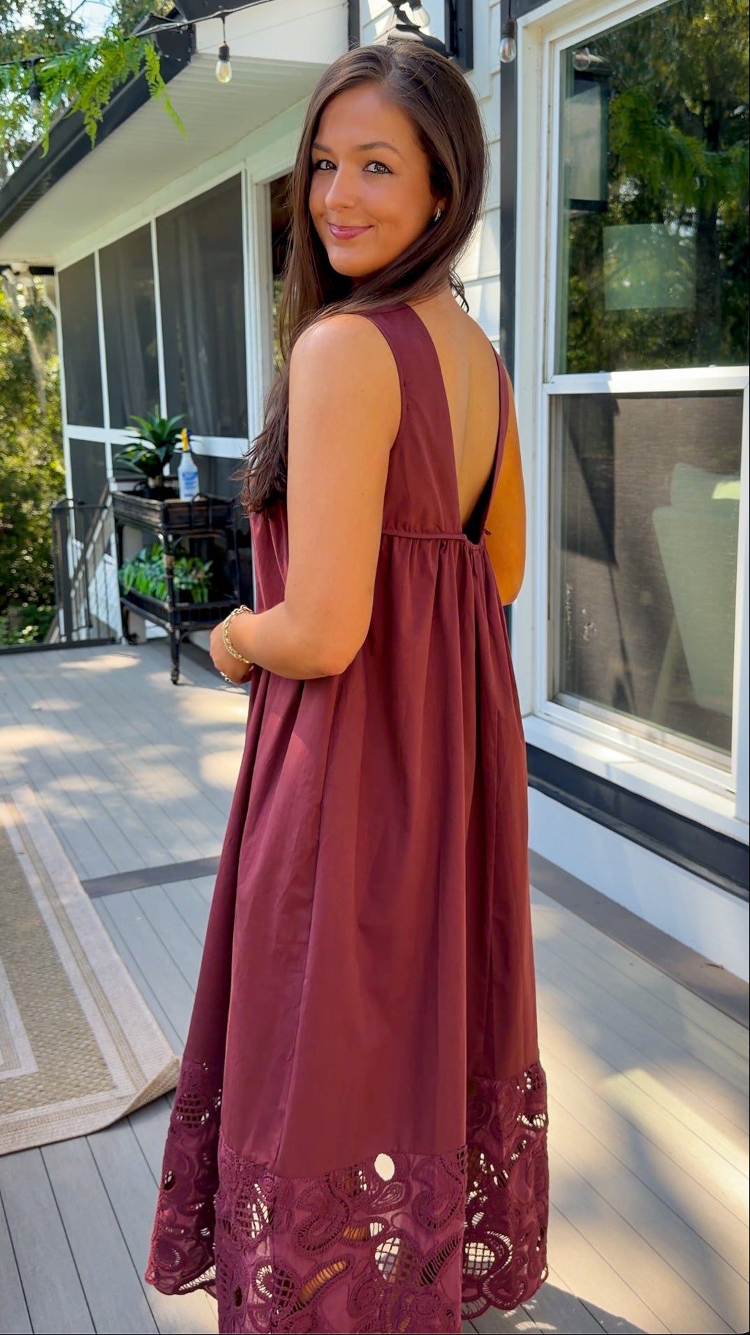 Burgundy Lace Yoke Sleeveless Maxi Dress