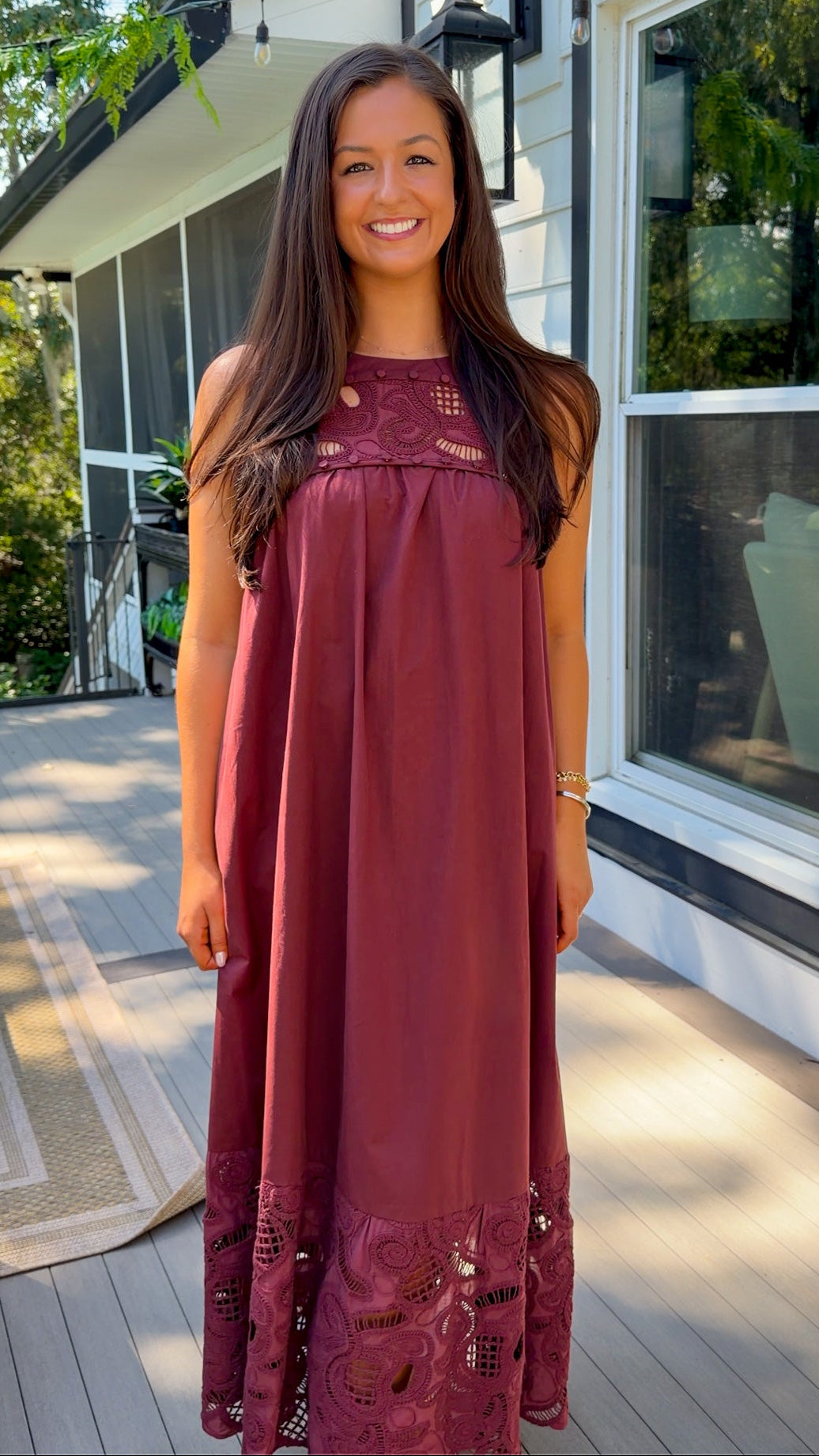 Burgundy Lace Yoke Sleeveless Maxi Dress