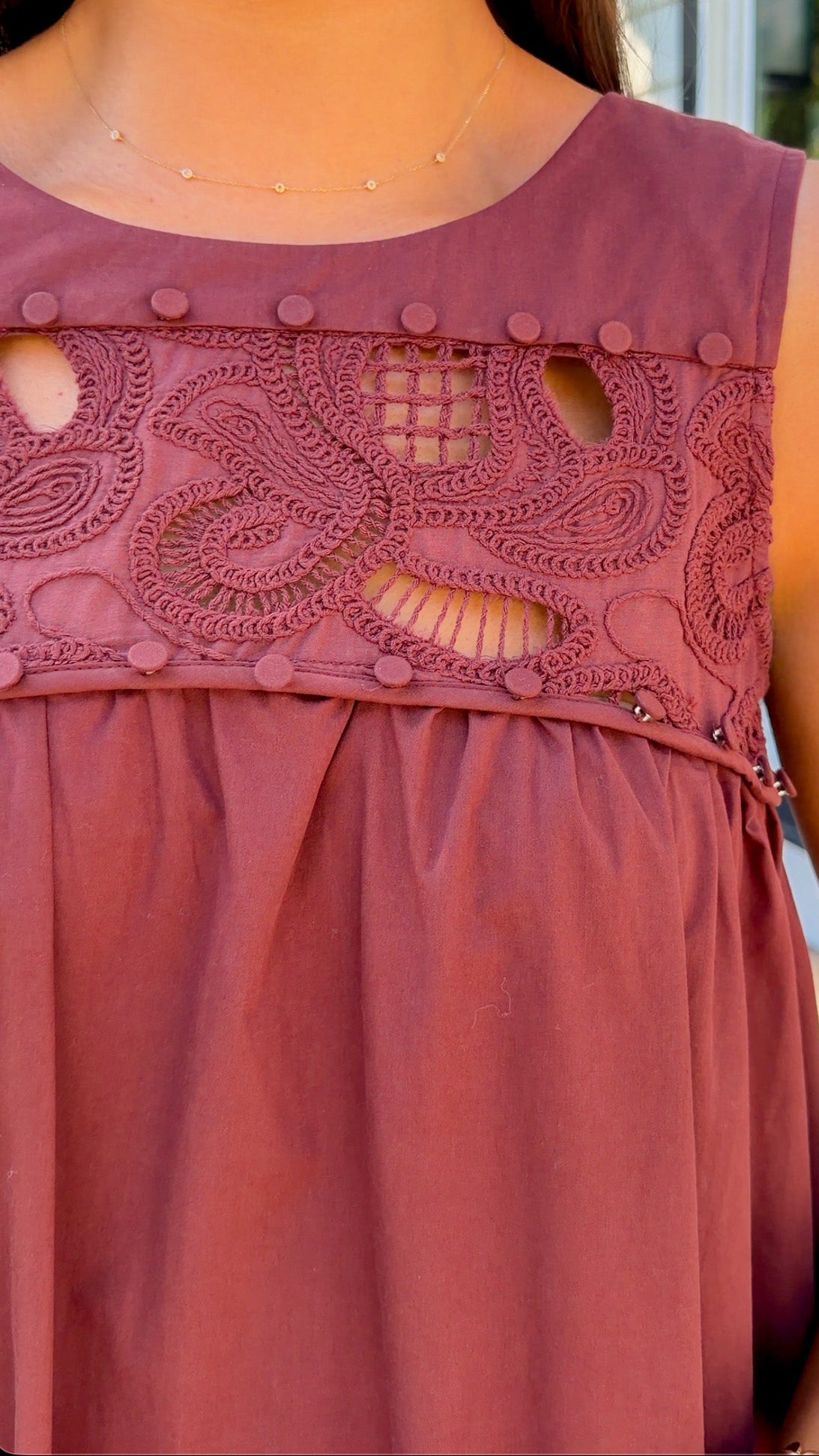 Burgundy Lace Yoke Sleeveless Maxi Dress