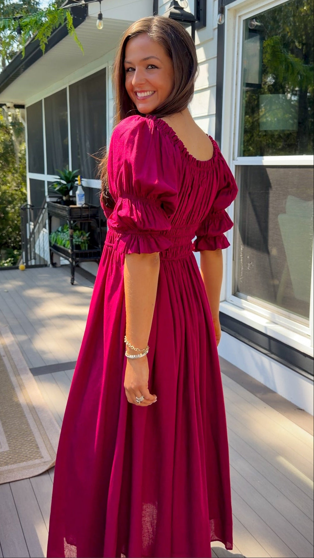 Smocked Midi Dress With Pleated Skirt