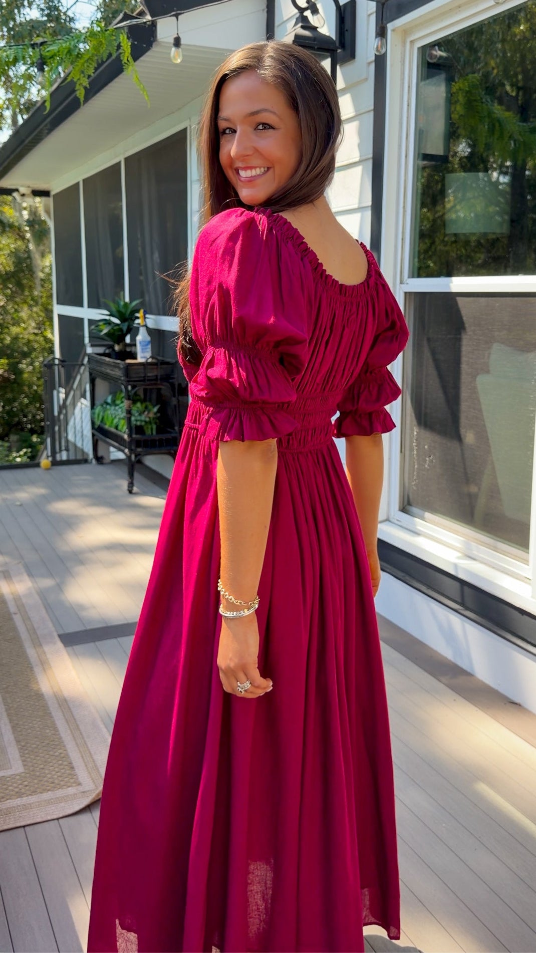 Smocked Midi Dress With Pleated Skirt