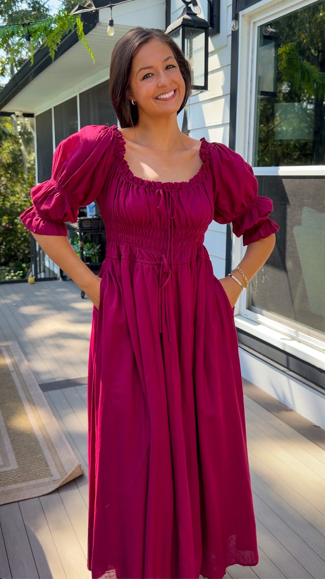 Smocked Midi Dress With Pleated Skirt