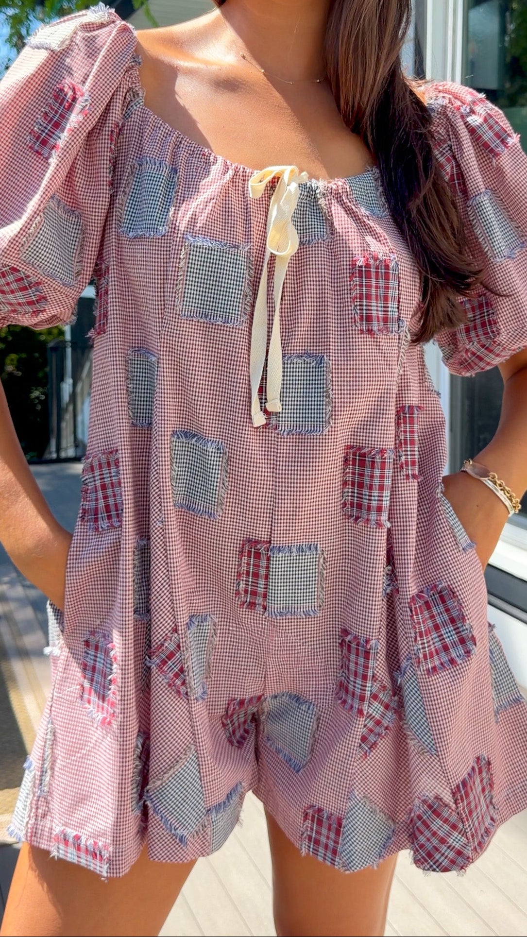 Patchwork Check Ribbon Romper - Red/Navy