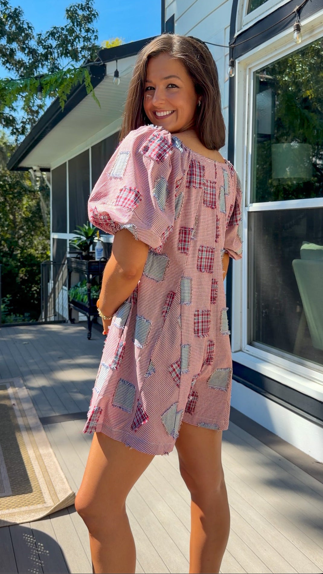 Patchwork Check Ribbon Romper - Red/Navy