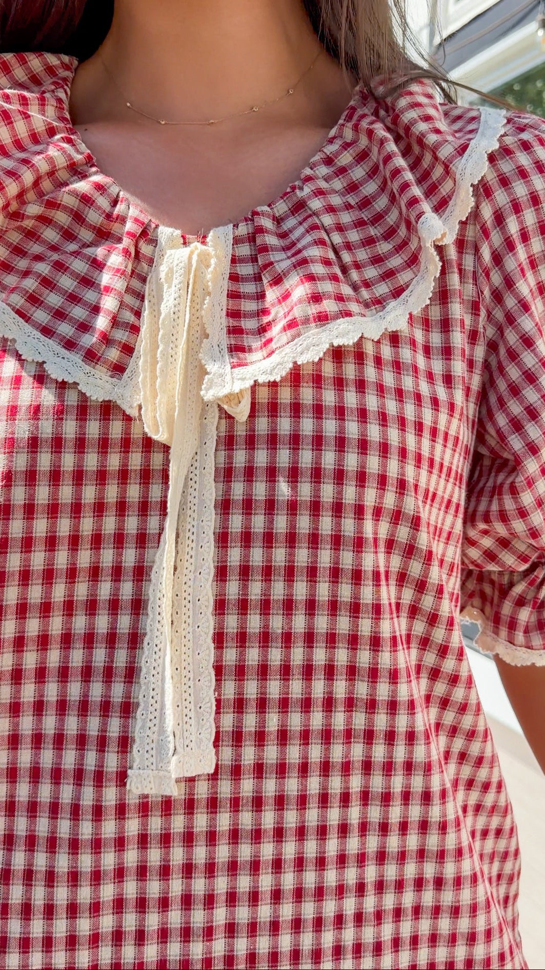 Gingham Ruffle Collar Mini Dress - Burgundy/Taupe