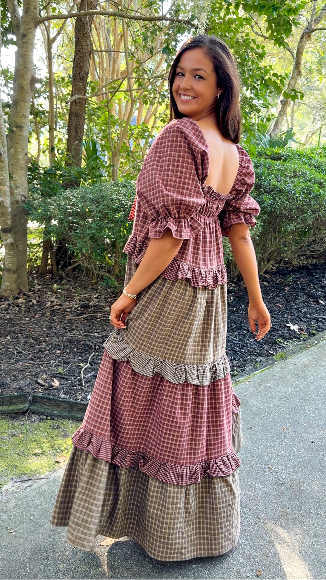 Mixed Plaid Tiered Maxi Dress