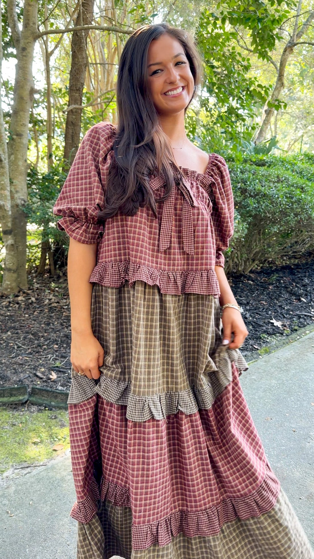 Mixed Plaid Tiered Maxi Dress