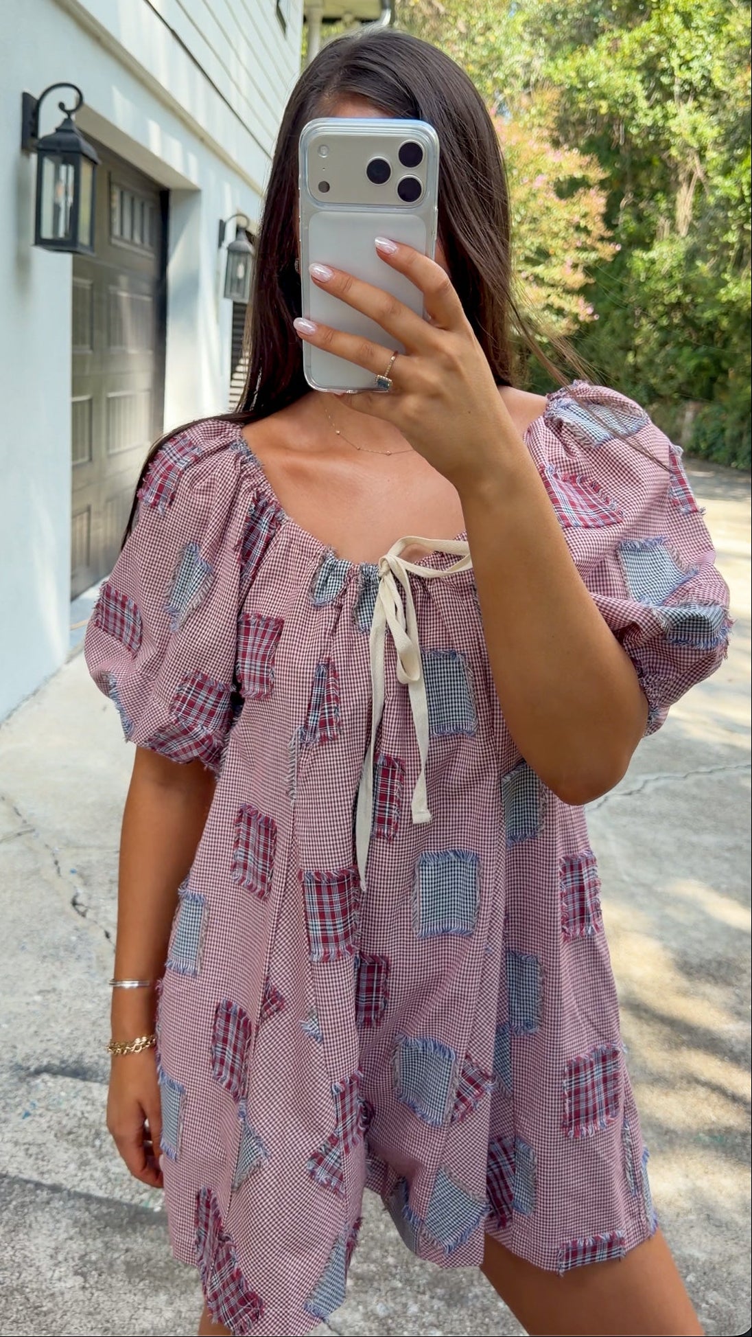 Patchwork Check Ribbon Romper - Red/Navy