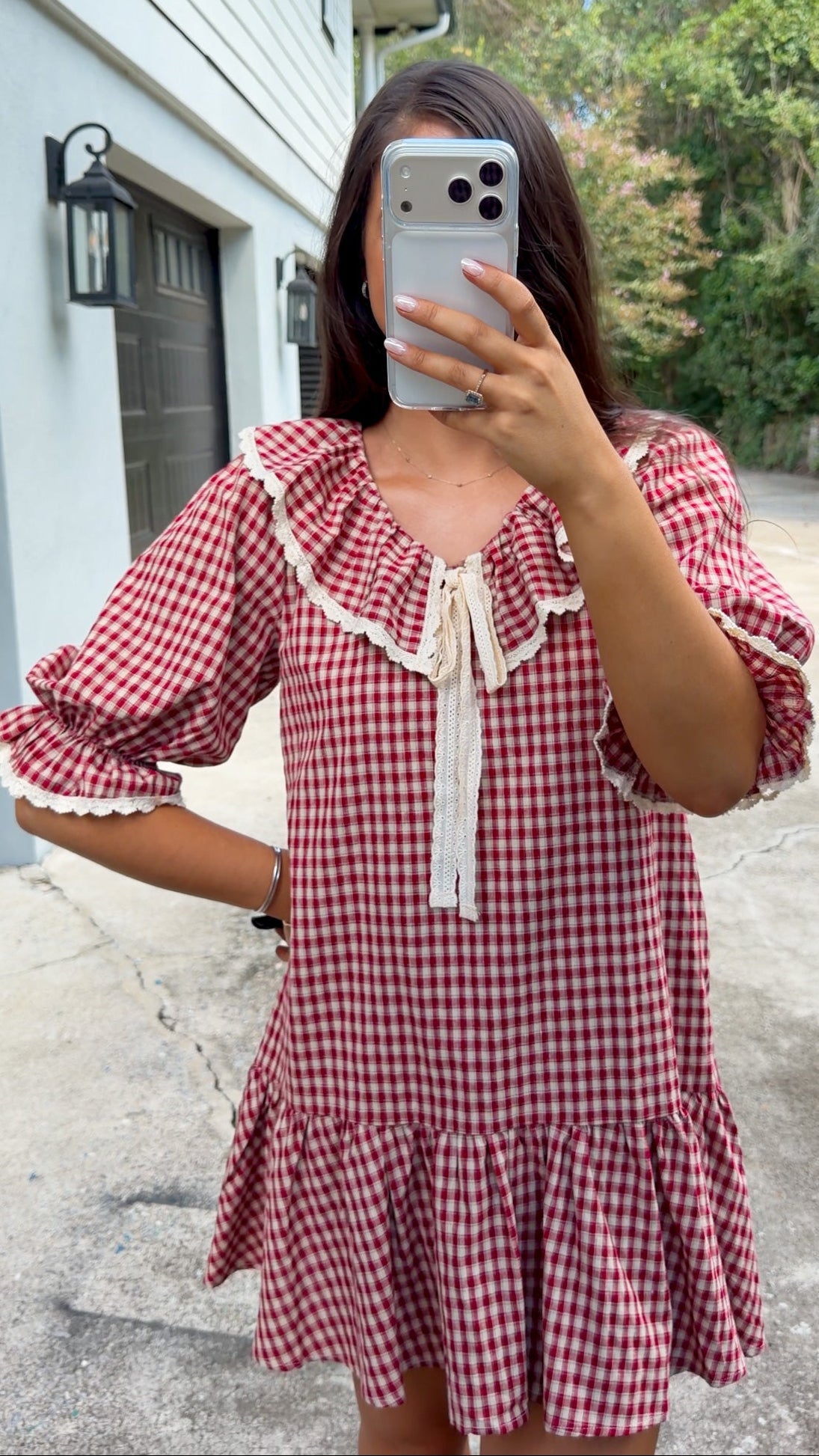 Gingham Ruffle Collar Mini Dress - Burgundy/Taupe