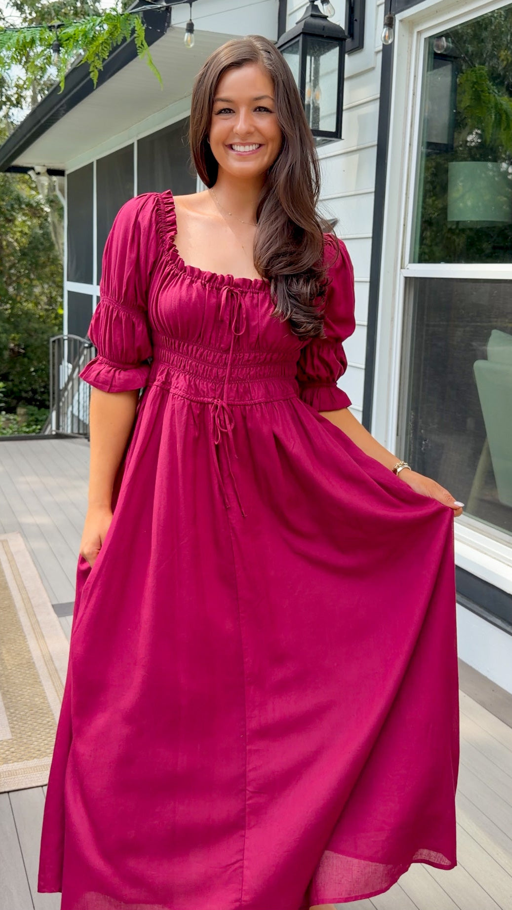 Smocked Midi Dress With Pleated Skirt
