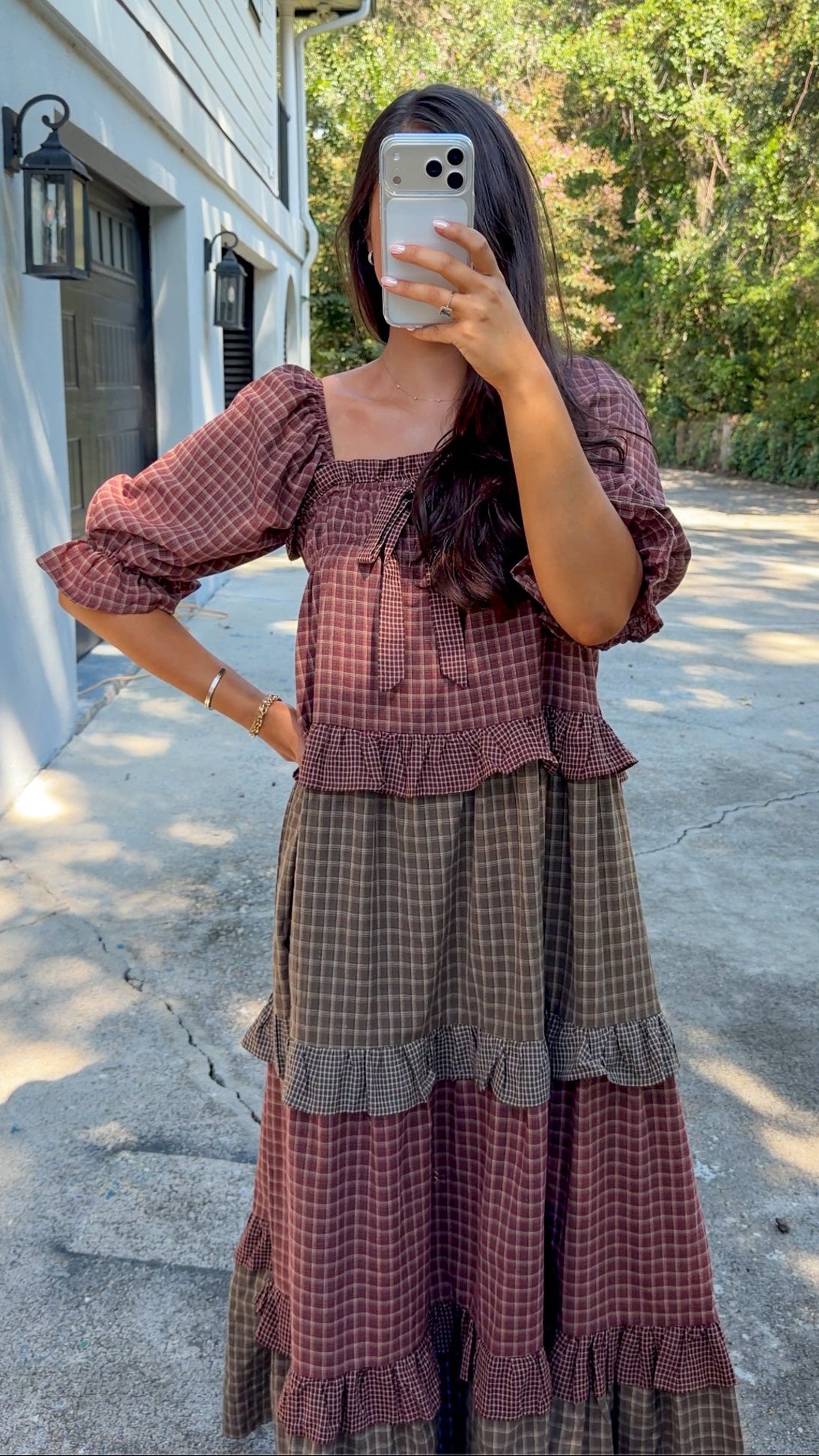 Mixed Plaid Tiered Maxi Dress