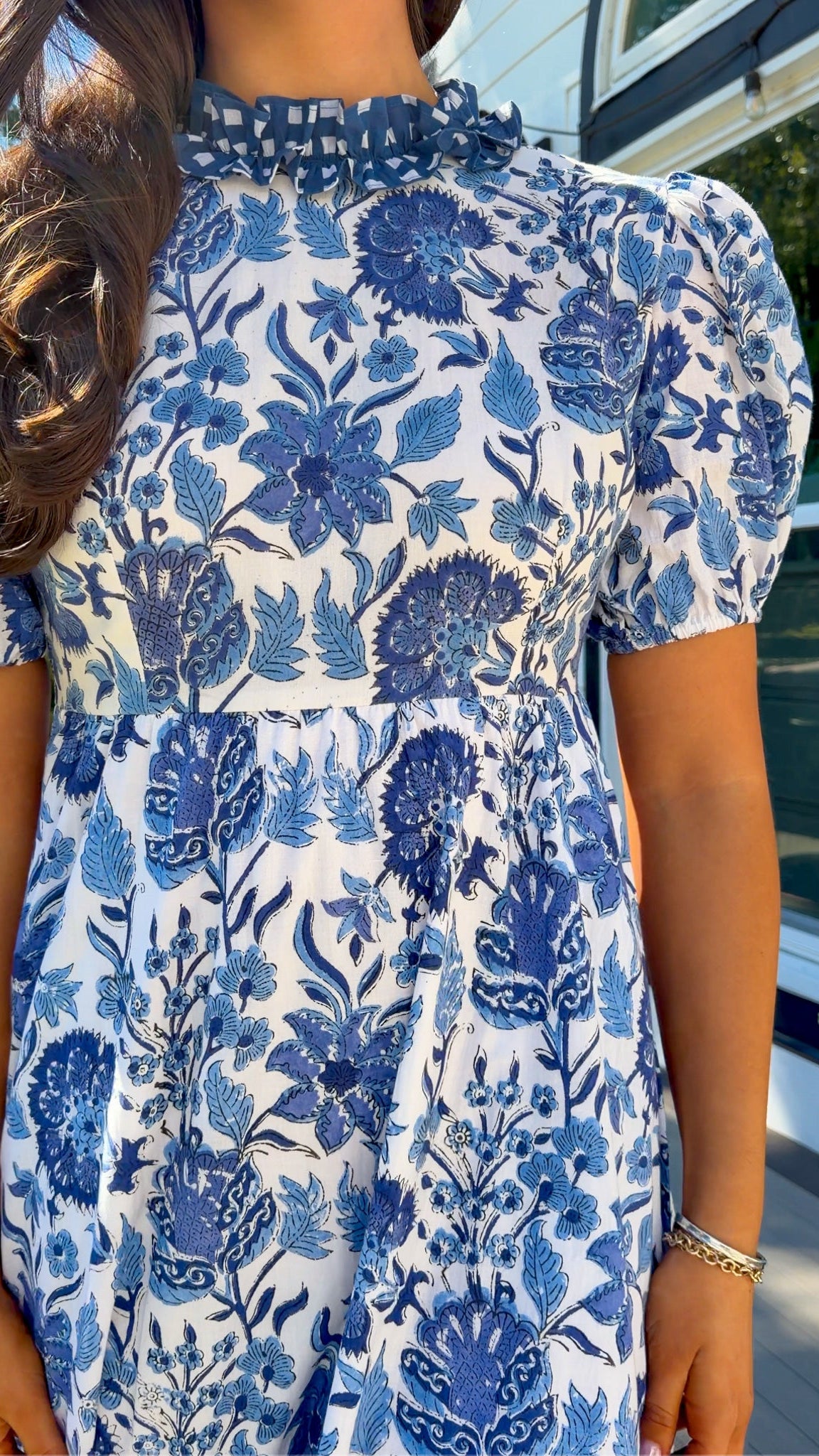 Blue Floral & Gingham Ruffle Open-Back Maxi Dress