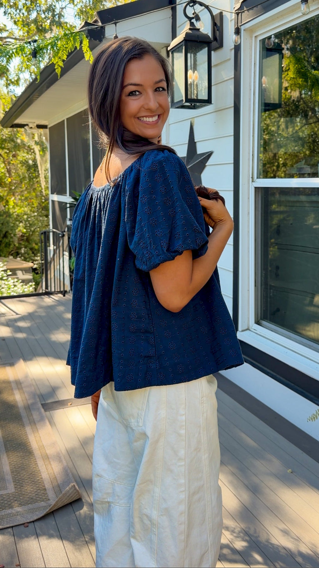 Navy Eyelet Top