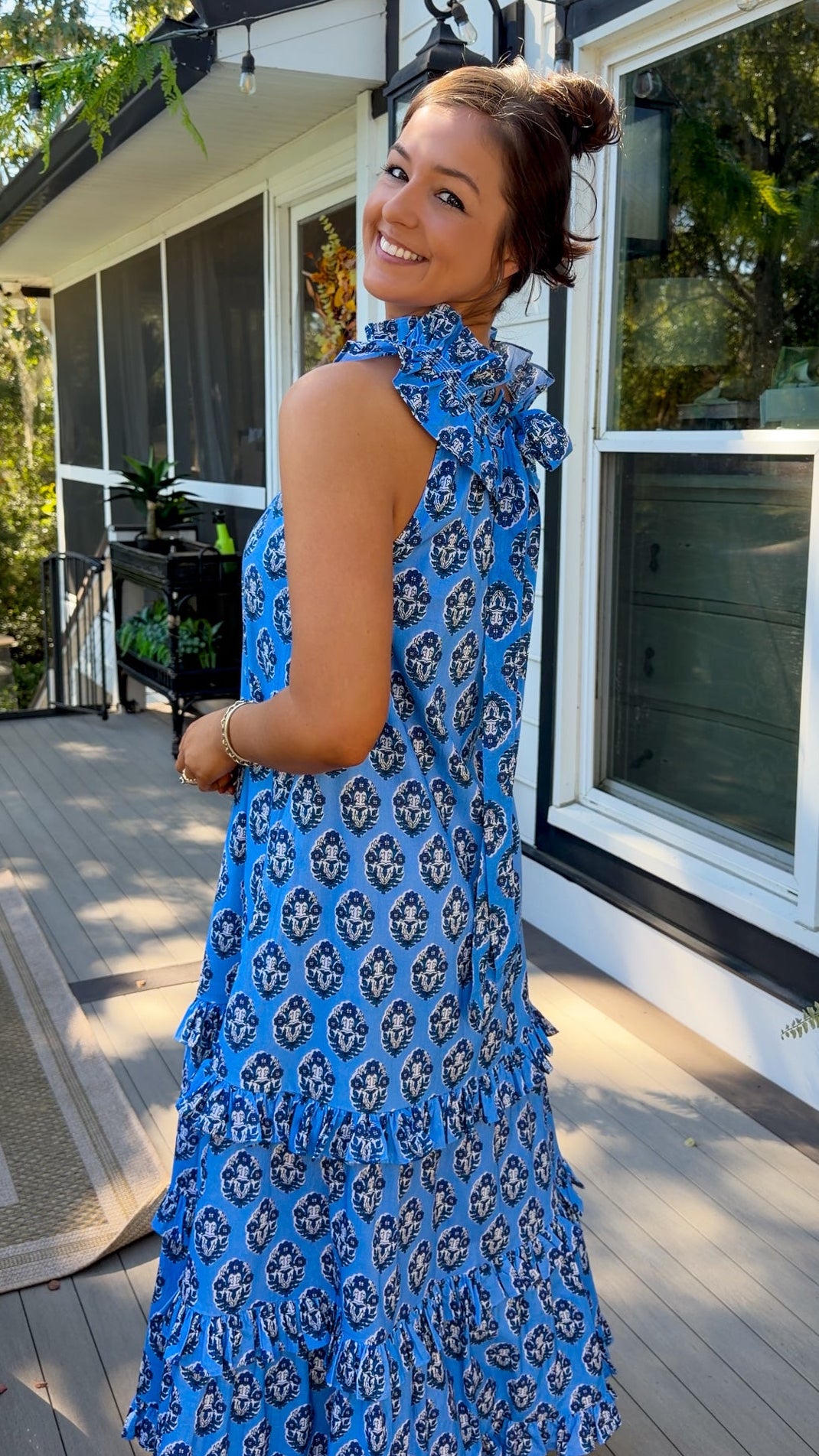 Blue Floral Ruffle Neck Maxi Dress