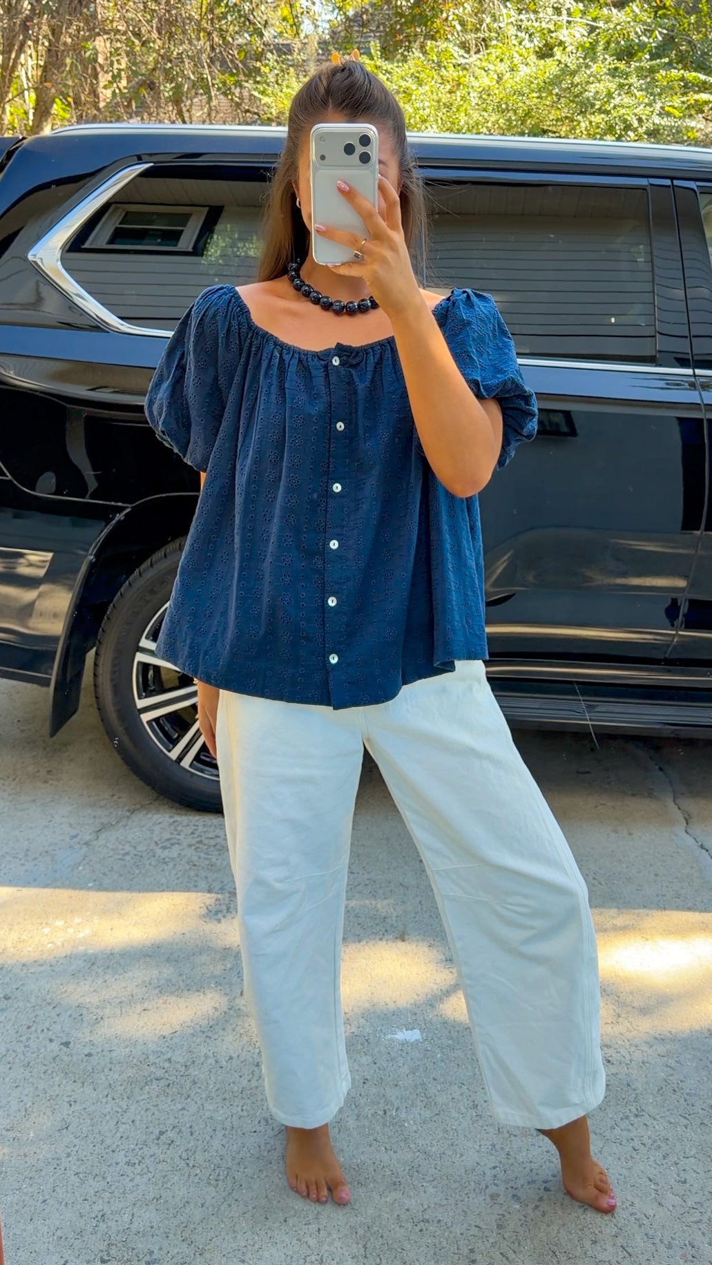 Navy Eyelet Top