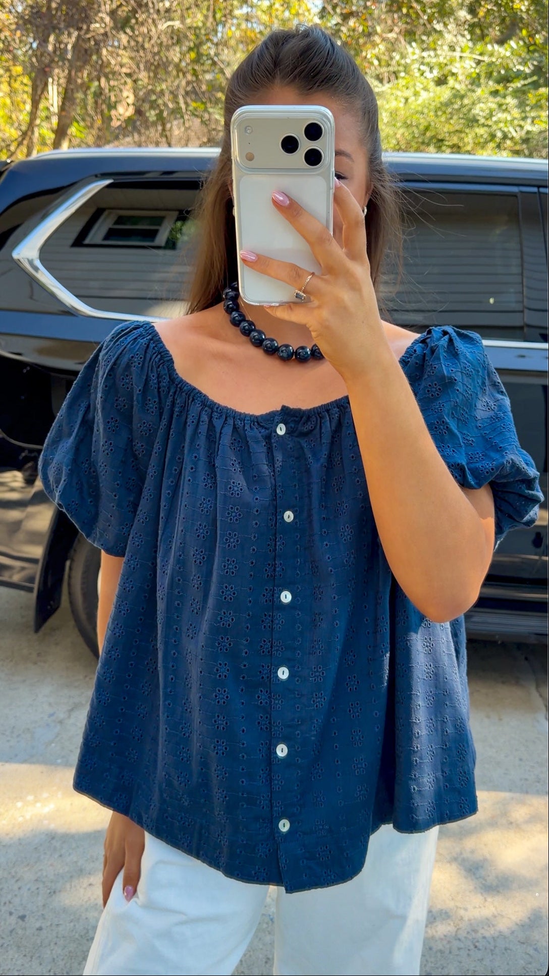 Navy Eyelet Top