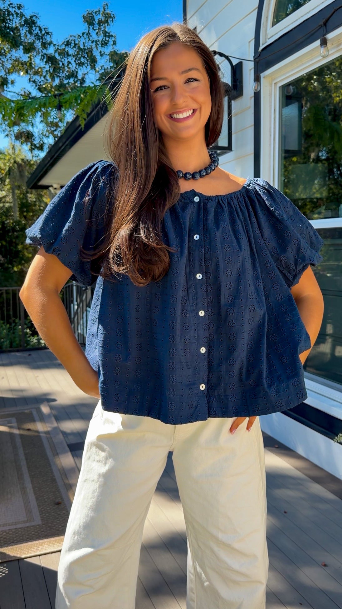 Navy Eyelet Top