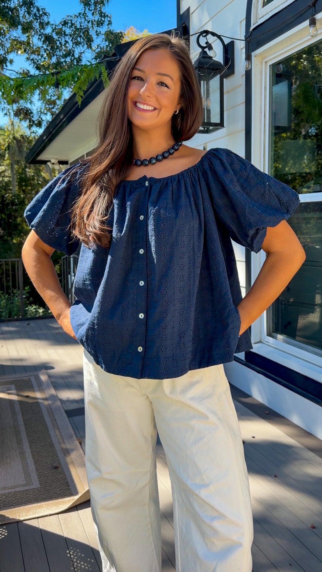 Navy Eyelet Top