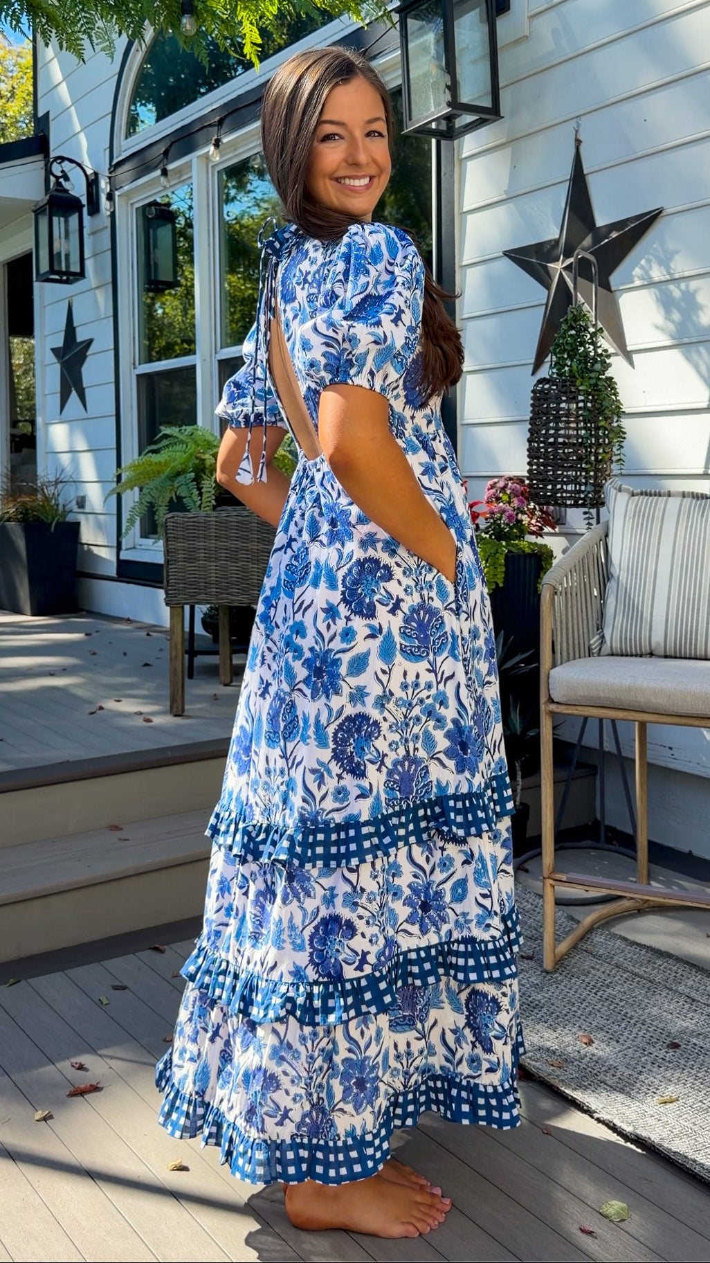 Blue Floral & Gingham Ruffle Open-Back Maxi Dress