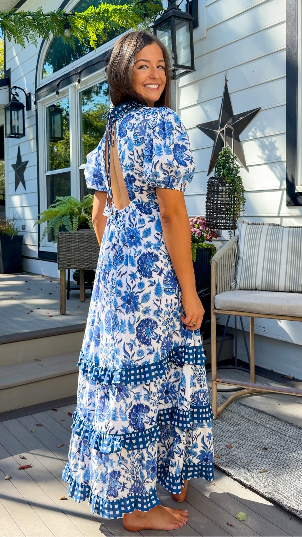Blue Floral & Gingham Ruffle Open-Back Maxi Dress