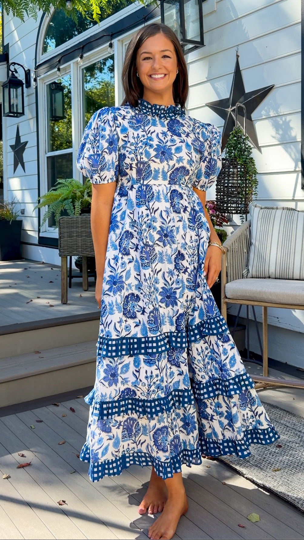 Blue Floral & Gingham Ruffle Open-Back Maxi Dress