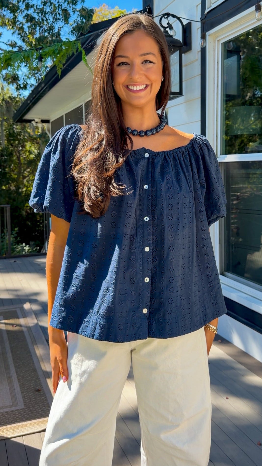 Navy Eyelet Top