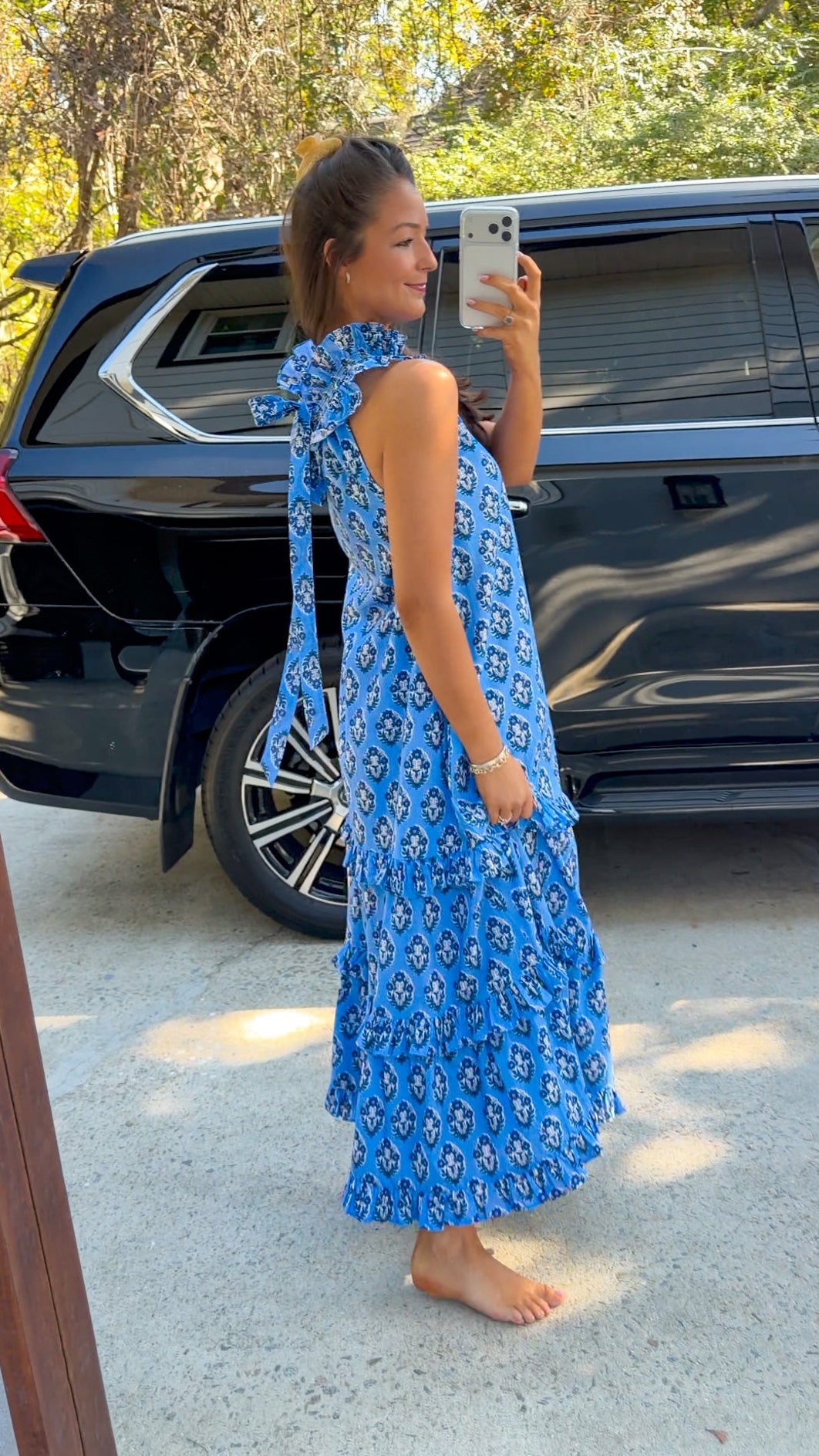 Blue Floral Ruffle Neck Maxi Dress