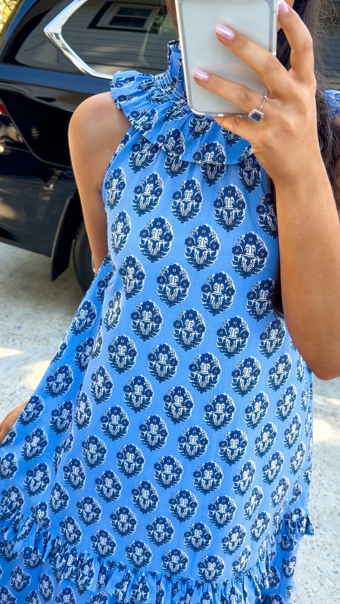 Blue Floral Ruffle Neck Maxi Dress