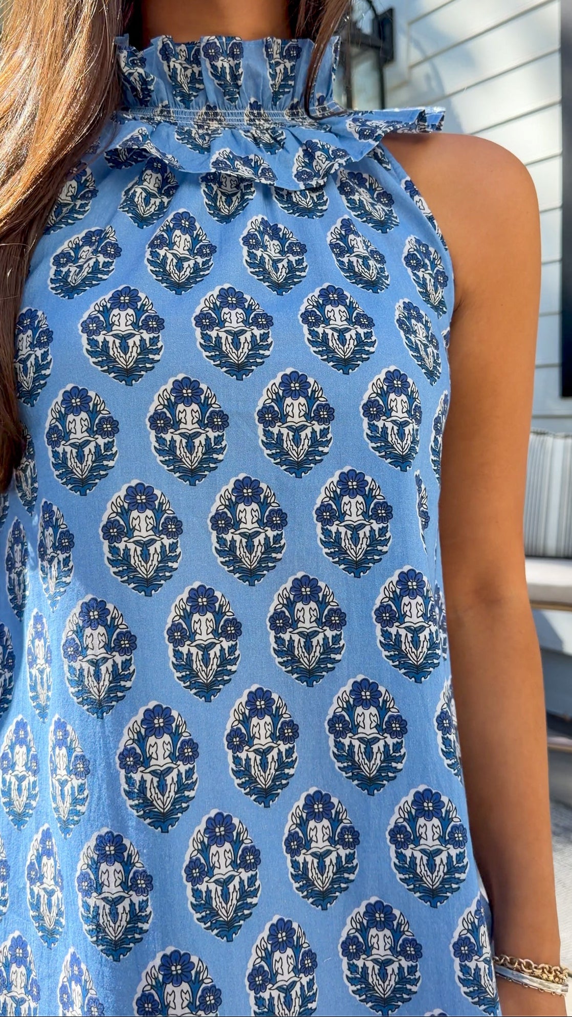 Blue Floral Ruffle Neck Maxi Dress