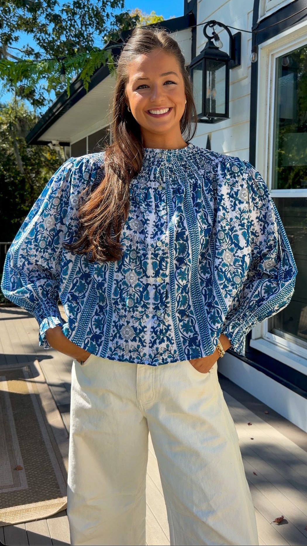 Blue Floral Long Sleeve Top