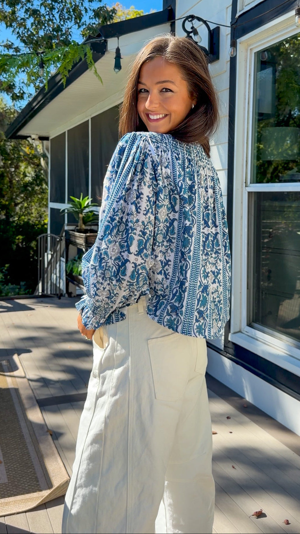 Blue Floral Long Sleeve Top