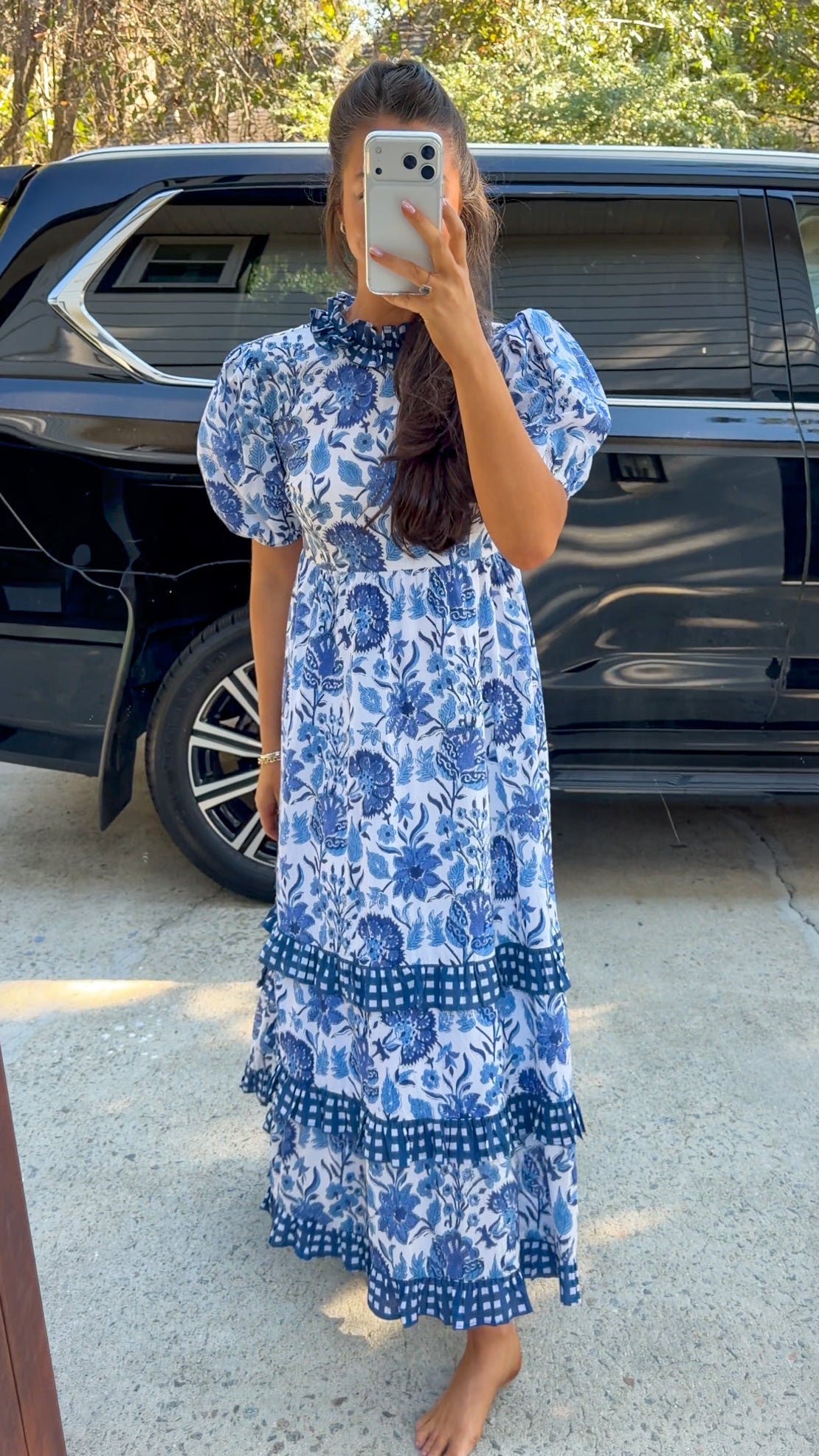 Blue Floral & Gingham Ruffle Open-Back Maxi Dress